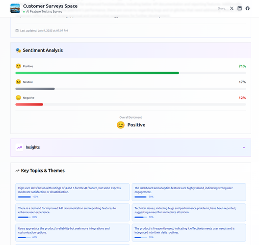 Insights dashboard showing extracted themes and key topics