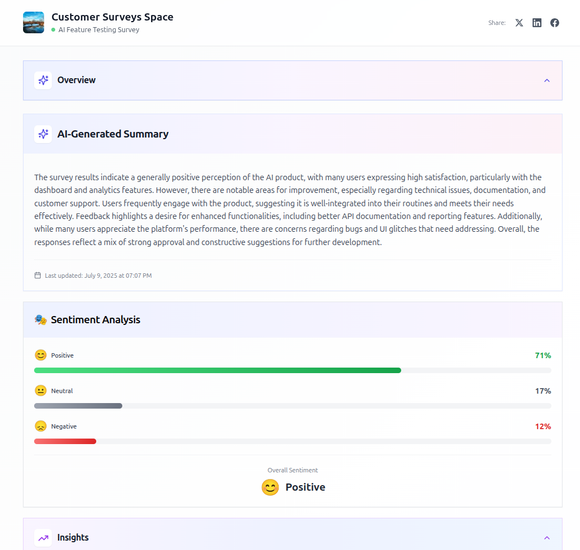 Public survey sharing page with social media sharing options